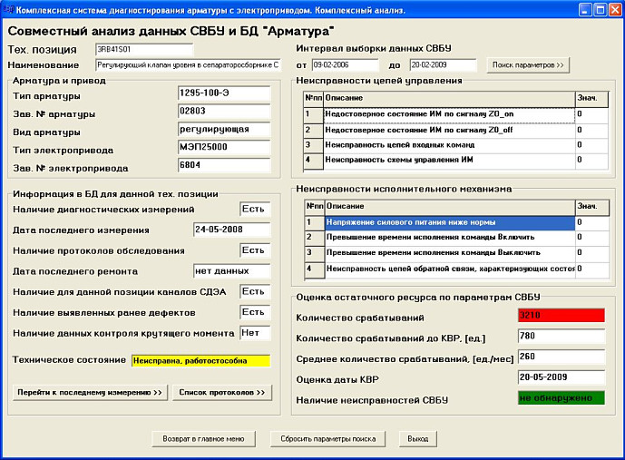 Окно интерфейса комплексной системы, использующей диагностические параметры базы данных по арматуре и данные СВБУ